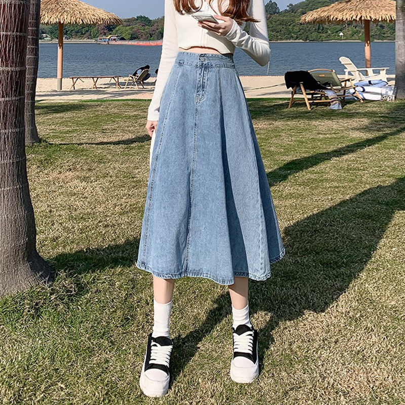 Retro Hong Kong-style Mid-length A- line Denim Skirt Women's 2023 Autumn New High Waist Loose All-match Skirt plus size