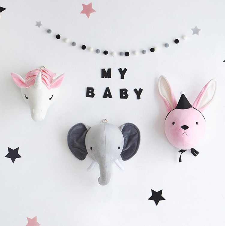 Ins Scandinavian Style Kidsren's Room Hanging Unicorn Elephant Rabbit Plush Wall Decoration Pendant Indoor Soft Decoration Modern
