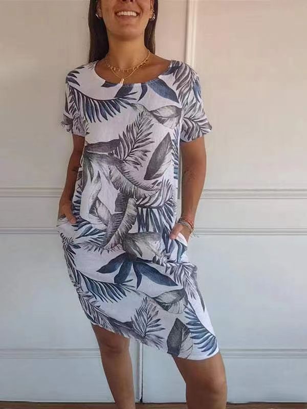 Amazon Wish Independent Station Aliexpress Women's Round Neck Loose Short-Sleeved Printed Dress Women's Flap Pocket Pants Skirt