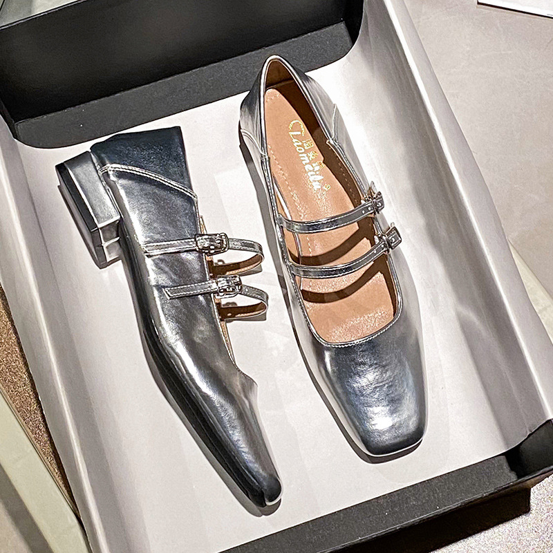 silver Mary Jane Shoes Women's All-match Square Top One-character Buckle Shallow Mouth Thick Mid-heel Single-layer Shoes All-match Elegant plus size Women's Shoes
