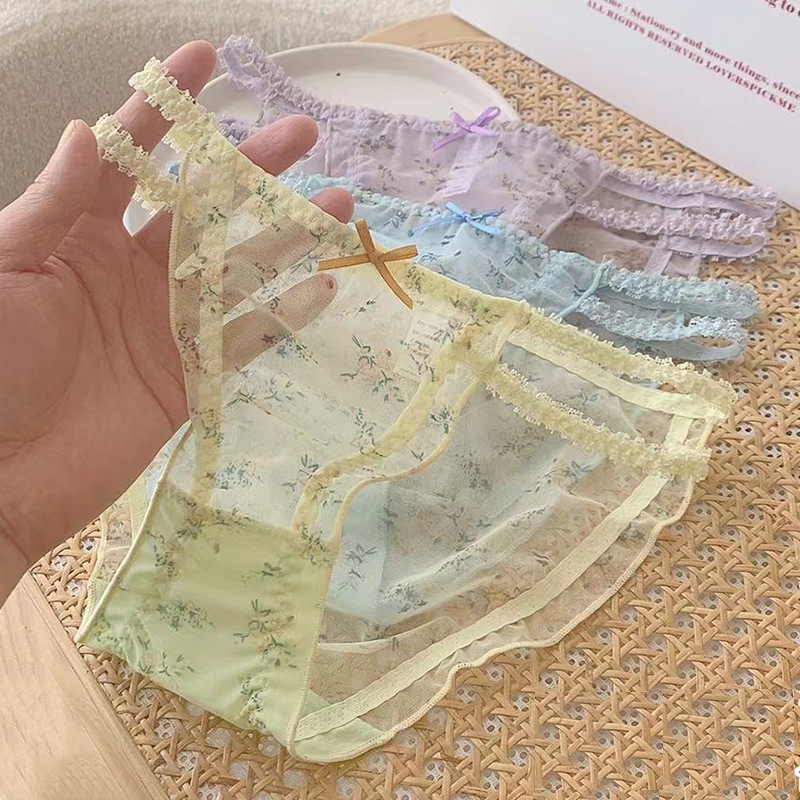 Pastoral Style Small Floral Panties for Women, Nude Mesh Printed Lace Mid-Waist Hip-Hugging Quick-Drying Girl's Triangle Panties