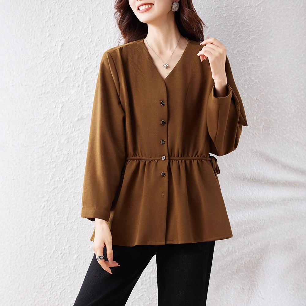 Picture of Real Shot of Ready-Made Elegant V Neck Sweatshirt for Women in Autum 2025 New Loose Large Size Pinch Pleat Waist Design Top