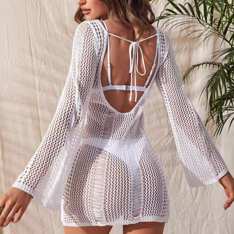 Cross-border European and American new beach blouse hollow-out knitted long-sleeved backless sunscreen bikini swimsuit sexy stacked top