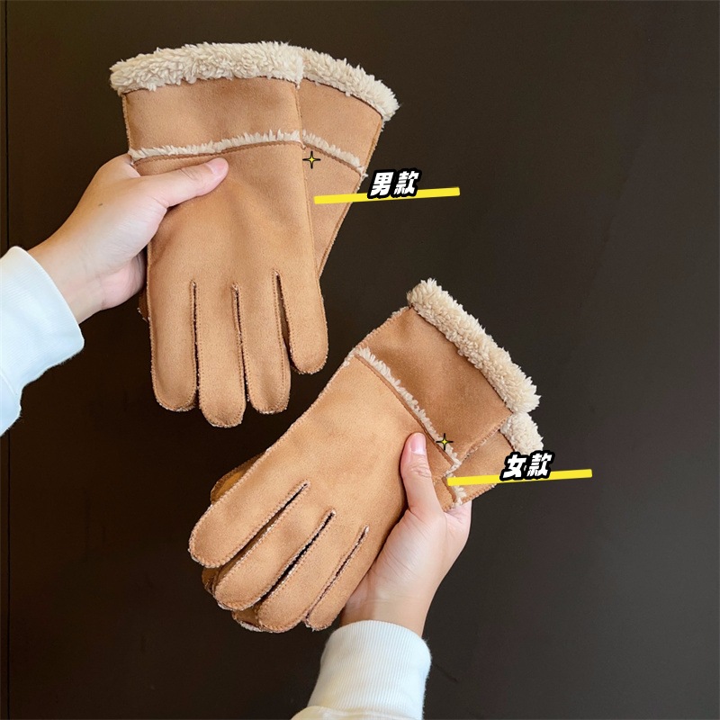 New Deerskin Velvet Lamb Wool Warm Gloves Winter Casual Touch Screen Five Finger Gloves for Couple Unisex