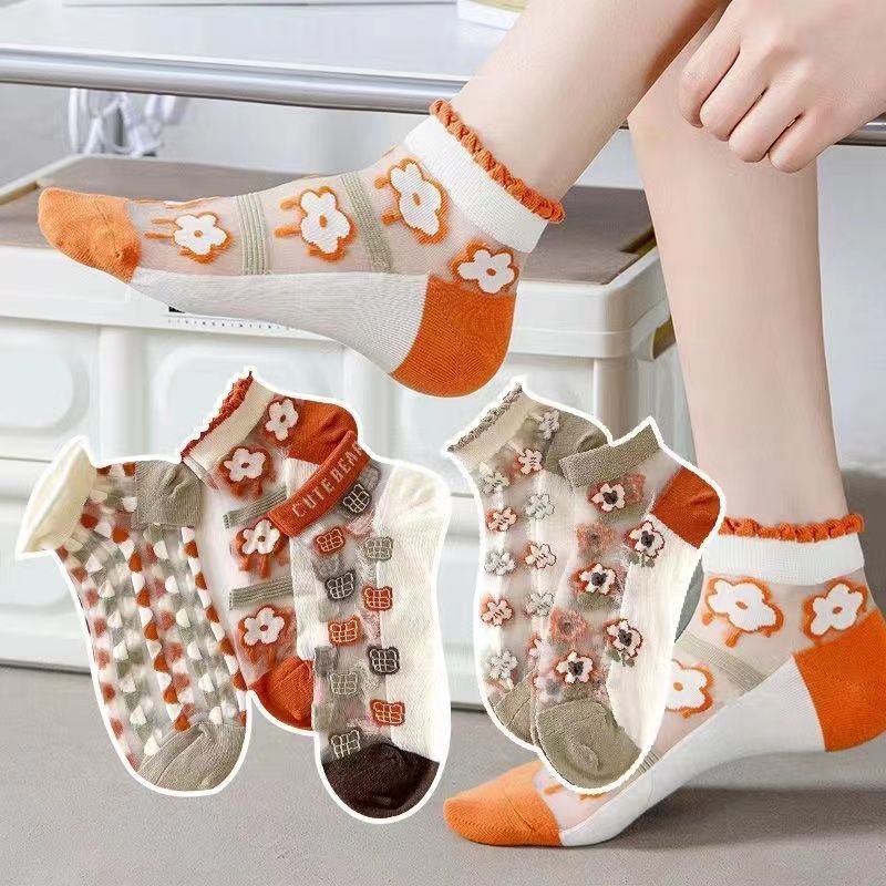 Glass Silk Socks Women's Short Socks Shallow Mouth Summer Thin All-Match Glass Silk Non-Slip Cotton Low Breathable Crystal Silk Socks