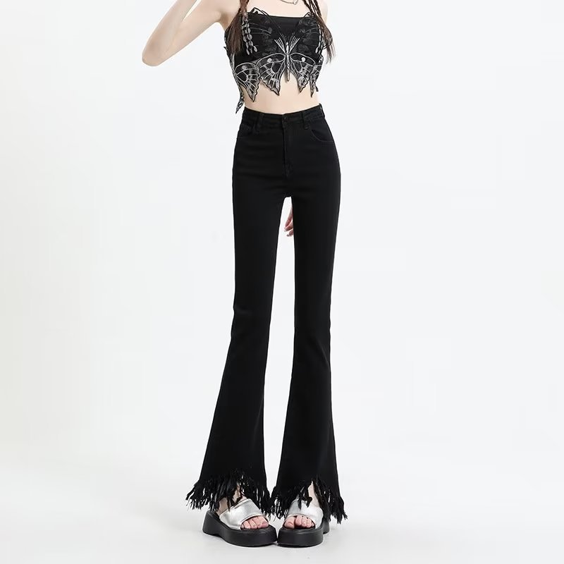 Tassel Raw Edge Bootcut Jeans for Women Summer 2024 New High Waist Elastic Slimming Look Flared Floor Mopping Pants Trendy