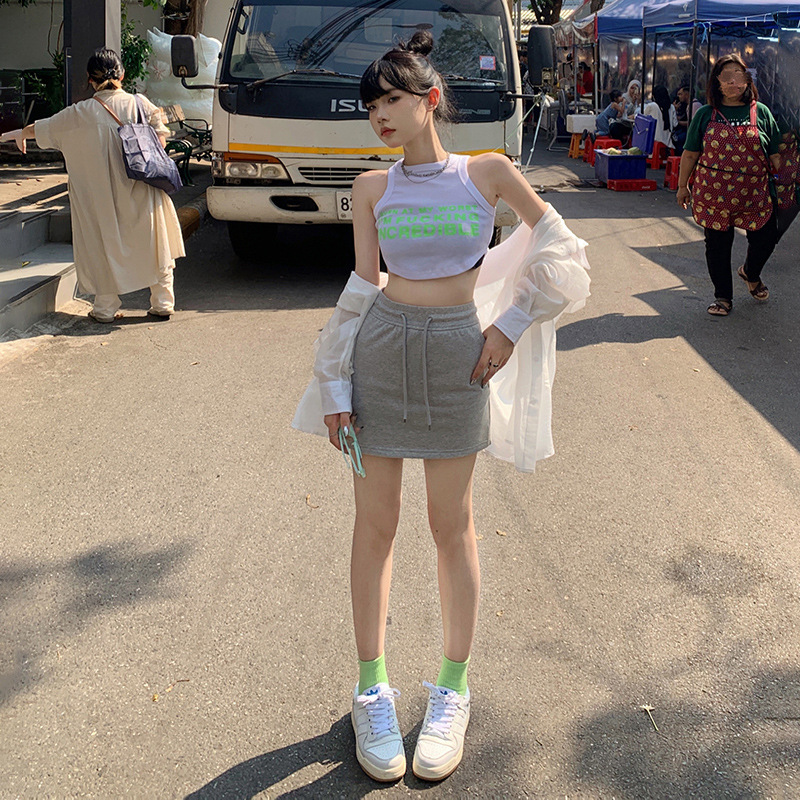 Three-color American Style Hot Girl's Hip Skirt Casual Sports Drawstring Skirt Spring and Summer High Waist All-match A- line Skirt Skirt