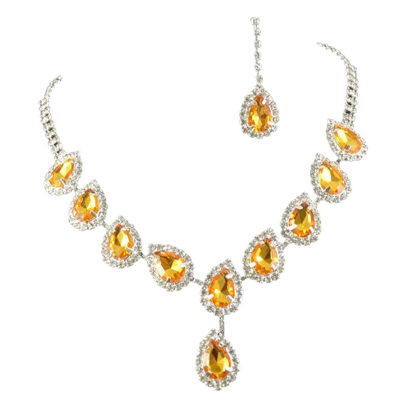 European and American Fashion Colored Diamond Drop-Shaped Super Flash Elegant Set Chain Earrings Necklace Exaggerated Two-Piece Set Bridal Jewelry Wholesale