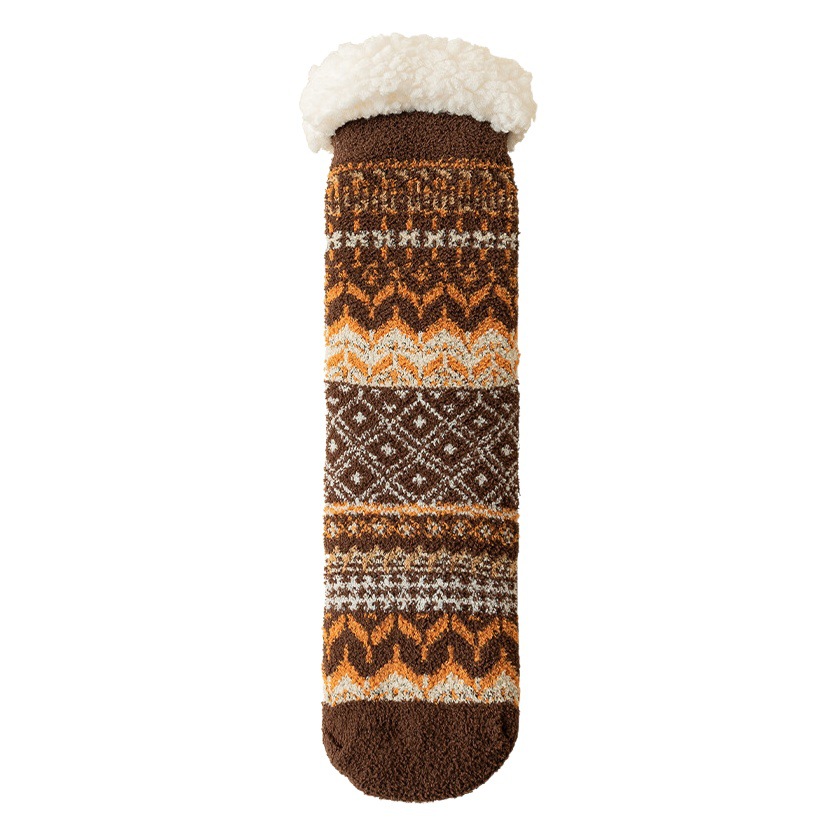 Lamb Velvet Floor Socks for Women in Autumn and Winter Fleece-Lined and Thickeneding to Heattech and Non-Slip Silicone Home Socks Ethnic Style Mid-Calf Socks