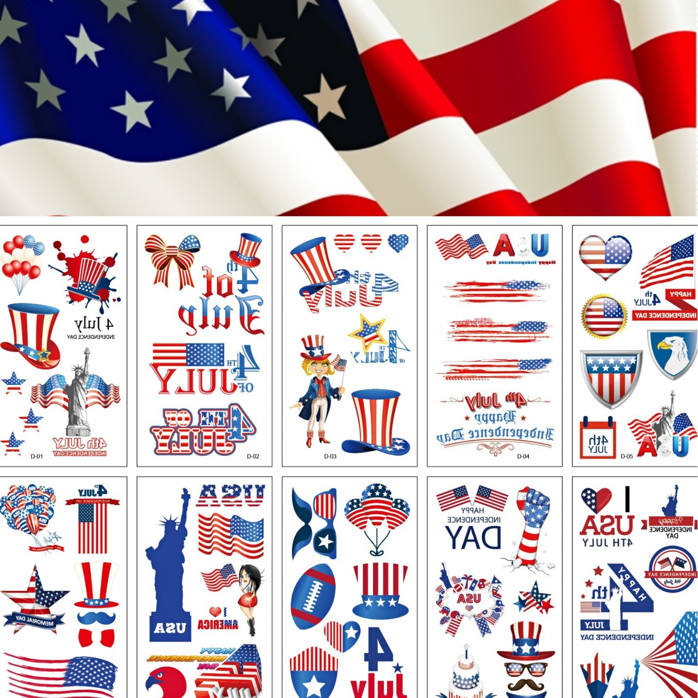 Manufacturer's Ready-Made Waterproof Independence Day Tattoo Stickers Party Tattoo Stickers Balloon Watermark Face Stickers Tattoo Wholesale