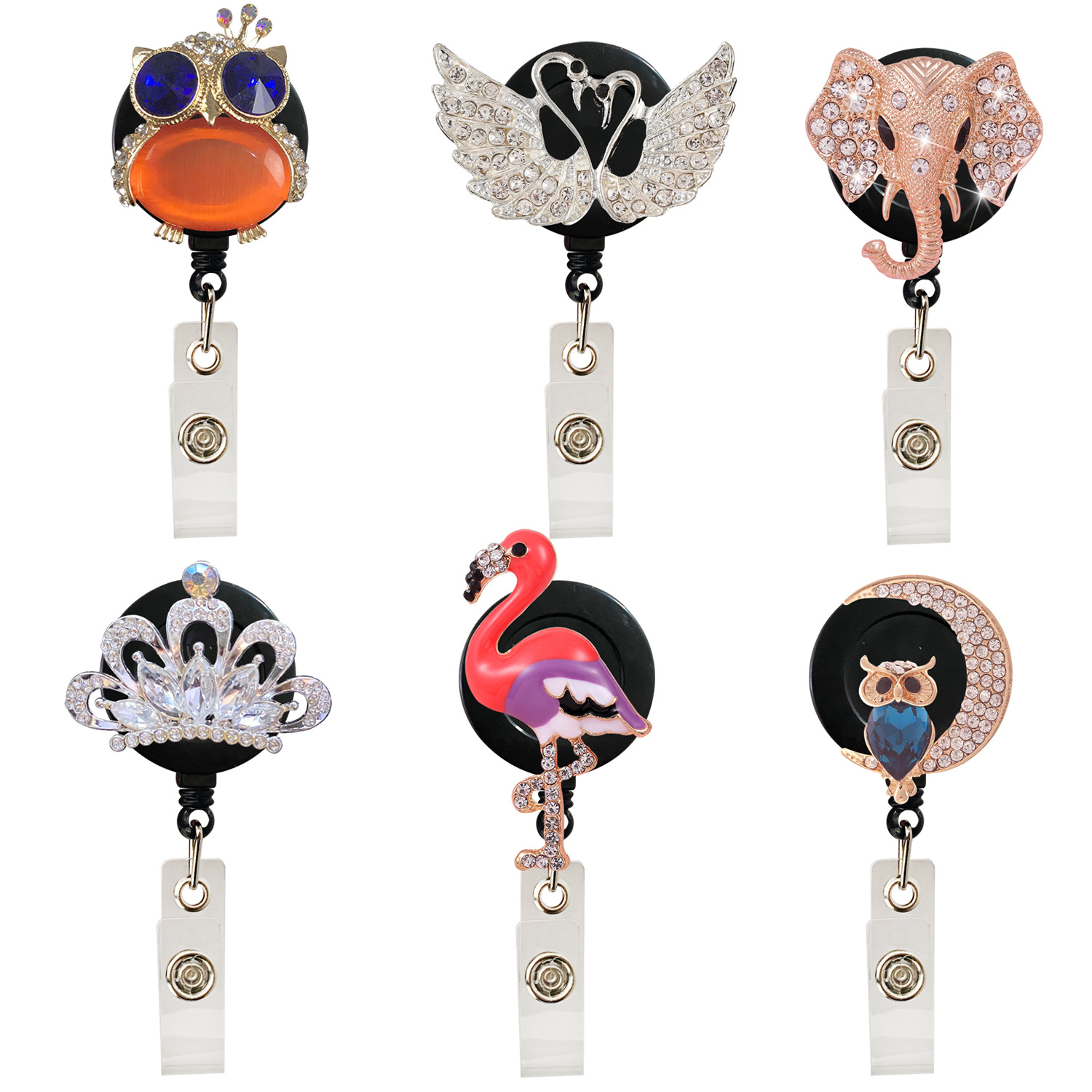 Metal Flamingo Crown retractable easy pull buckle certificate wire puller rotatable crocodile clip card badge case telescopic buckle