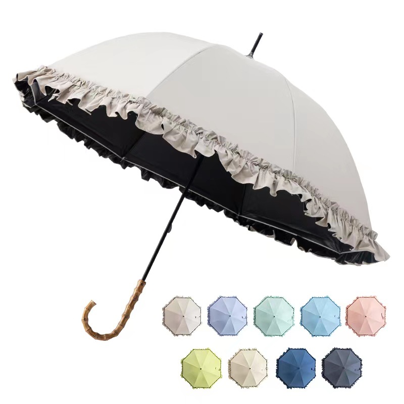 Picture of Large Lace Vinyl Sun Protection Umbrella Anti-Uv Parasol Bamboo Curved Handle Straight Umbrella Manual Sunny Umbrella Wholesale
