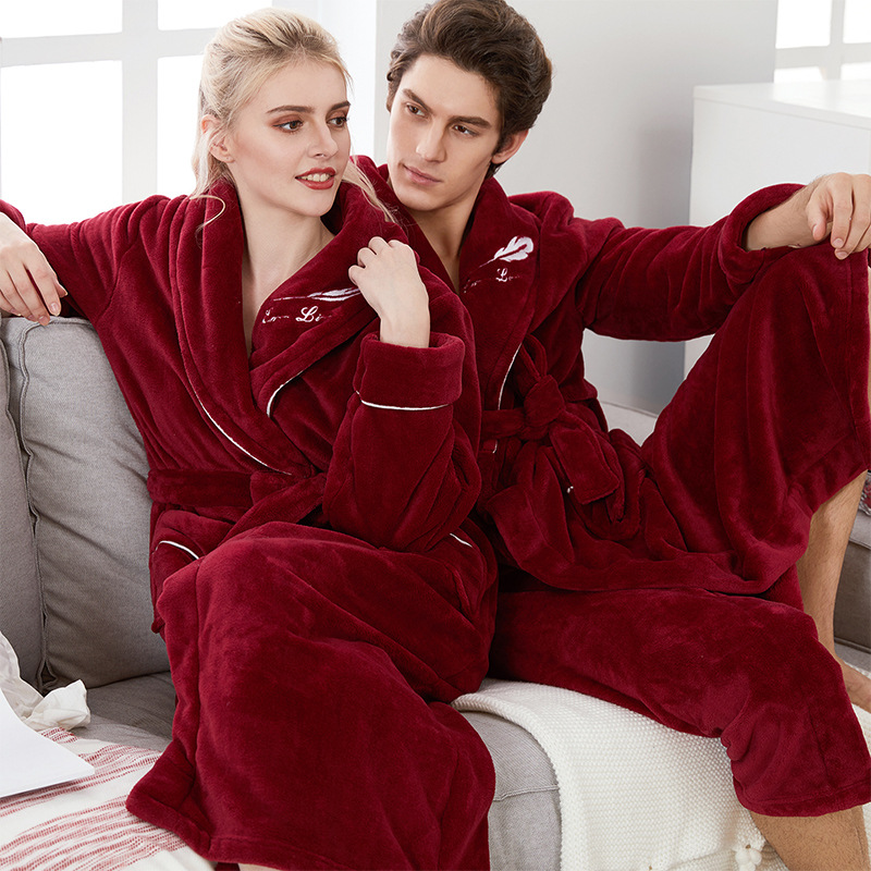 Thickened Pajamas Fleece-lined Coral Fleece Nightgown Women's Autumn and Winter Couple's Bathrobe Men's Winter Youth Warm Extended Morning Gown