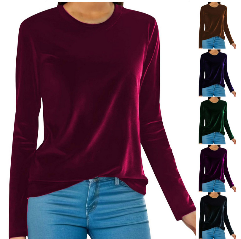 2024 cross-border European and American women's clothing Amazon gold velvet solid color round neck long sleeve retro bottoming pullover party sweater