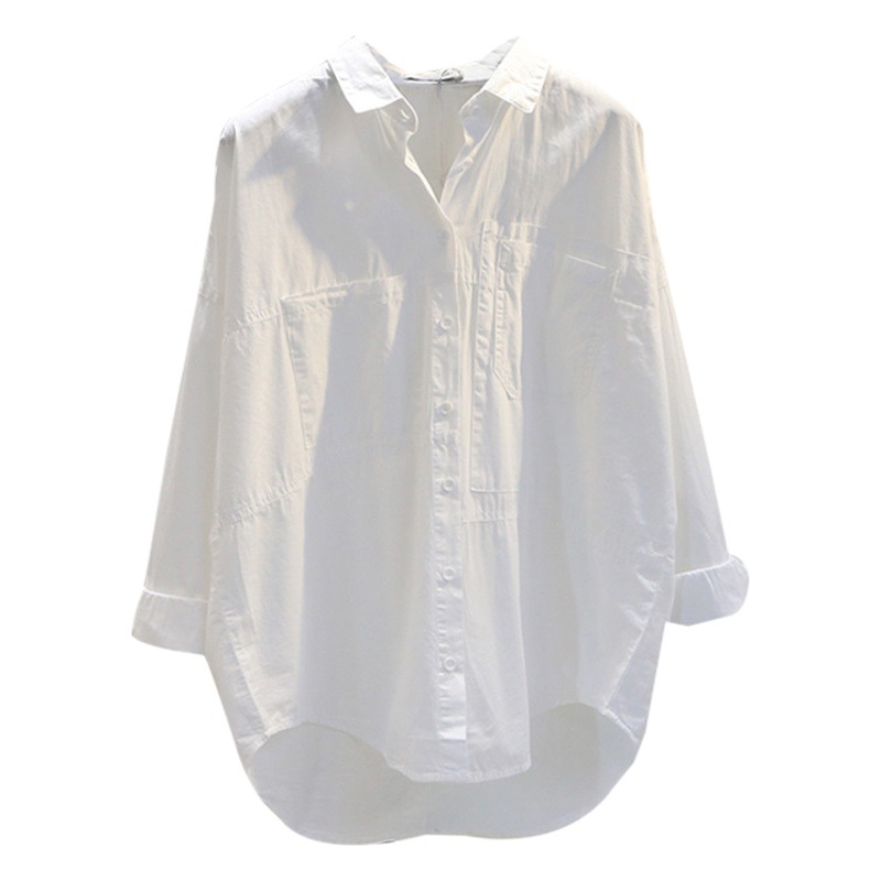 Foreign Trade Double Flap Pocket Pants Short Front and Long Back White Shirt for Women 2025 Spring and Summer K-Style Loose Literary Bf Style Casual Shirt