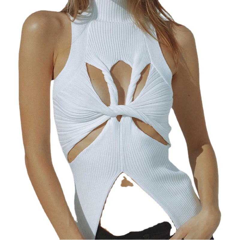 European and American Sexy Irregular Sleeveless Hollow Kink Wool Vest Women's Fashion Half-high Neck Solid Color Navel Top