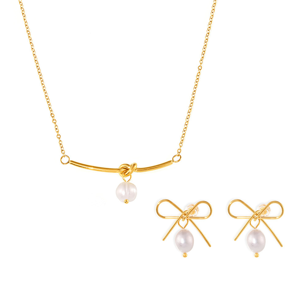 Picture of French Hollow Bow Earrings Freshwater Pearl Rope Necklace Stainless Steel Sweet Temperament Girlfriend Gift suit