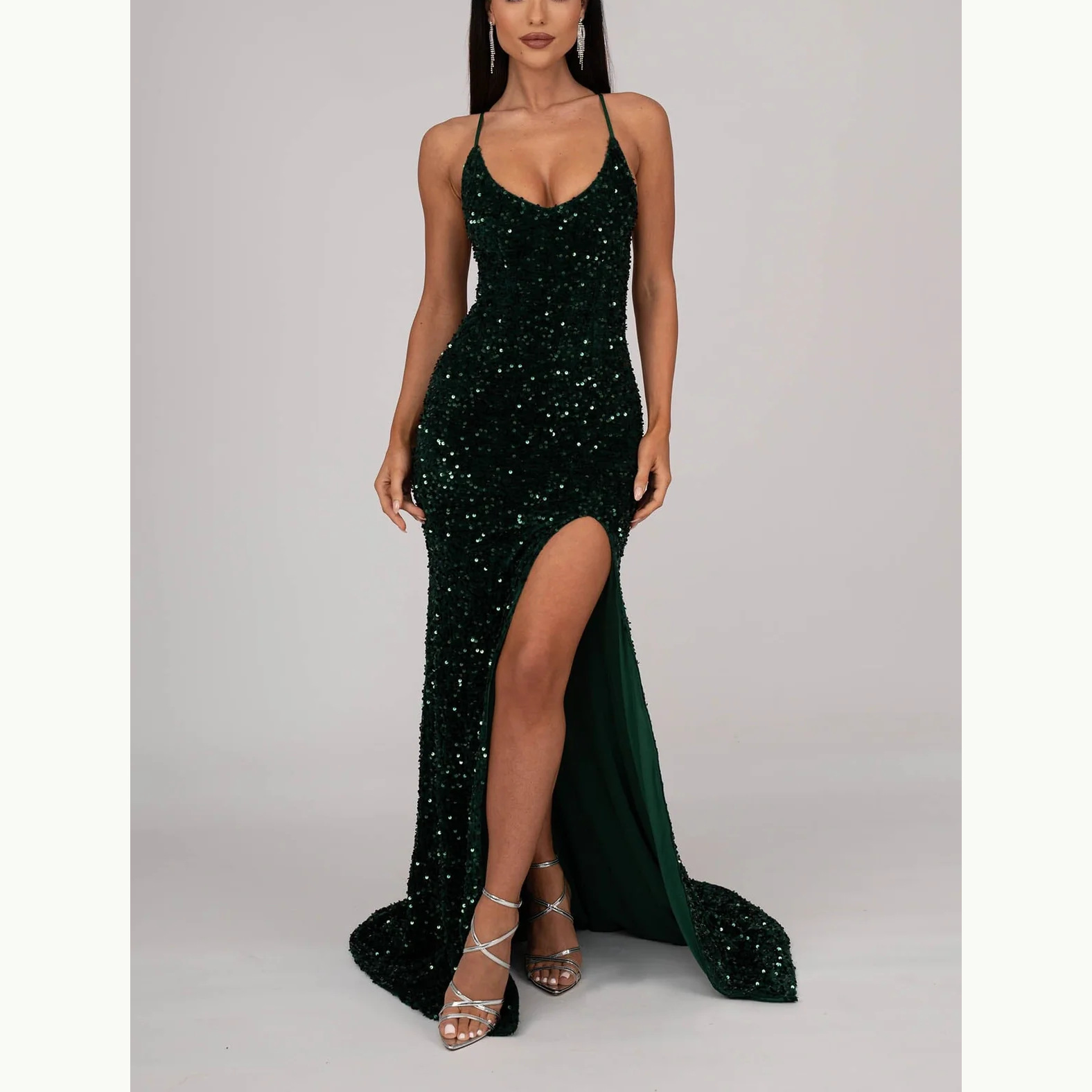 European and American Sexy Women's Cross-border Amazon New Sexy Neck Strap U-collar Elegant Sequin Slit dress