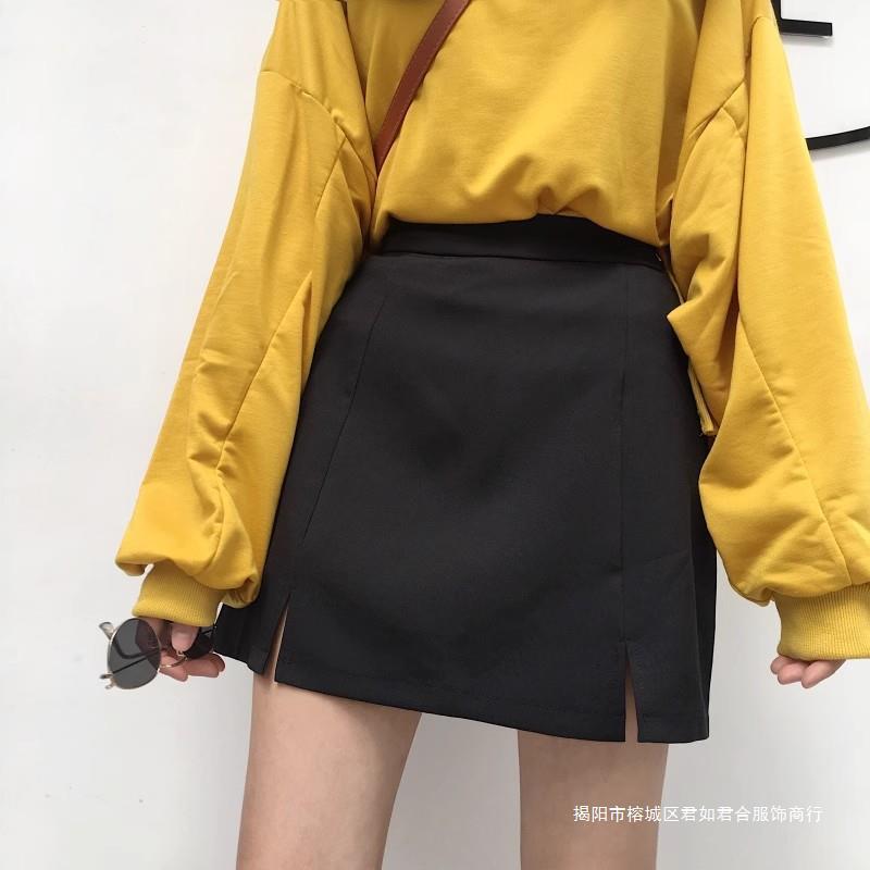 Fat mm200 kg irregular split skirt women's plus size black short skirt tight waist anti-light A- line skirt autumn and winter