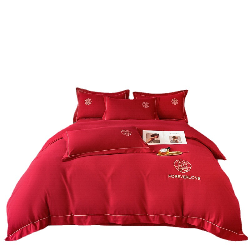 Picture of Wedding washed cotton festive four-piece set Chinese bright red bed sheet high-end embroidered quilt cover wedding room bedding