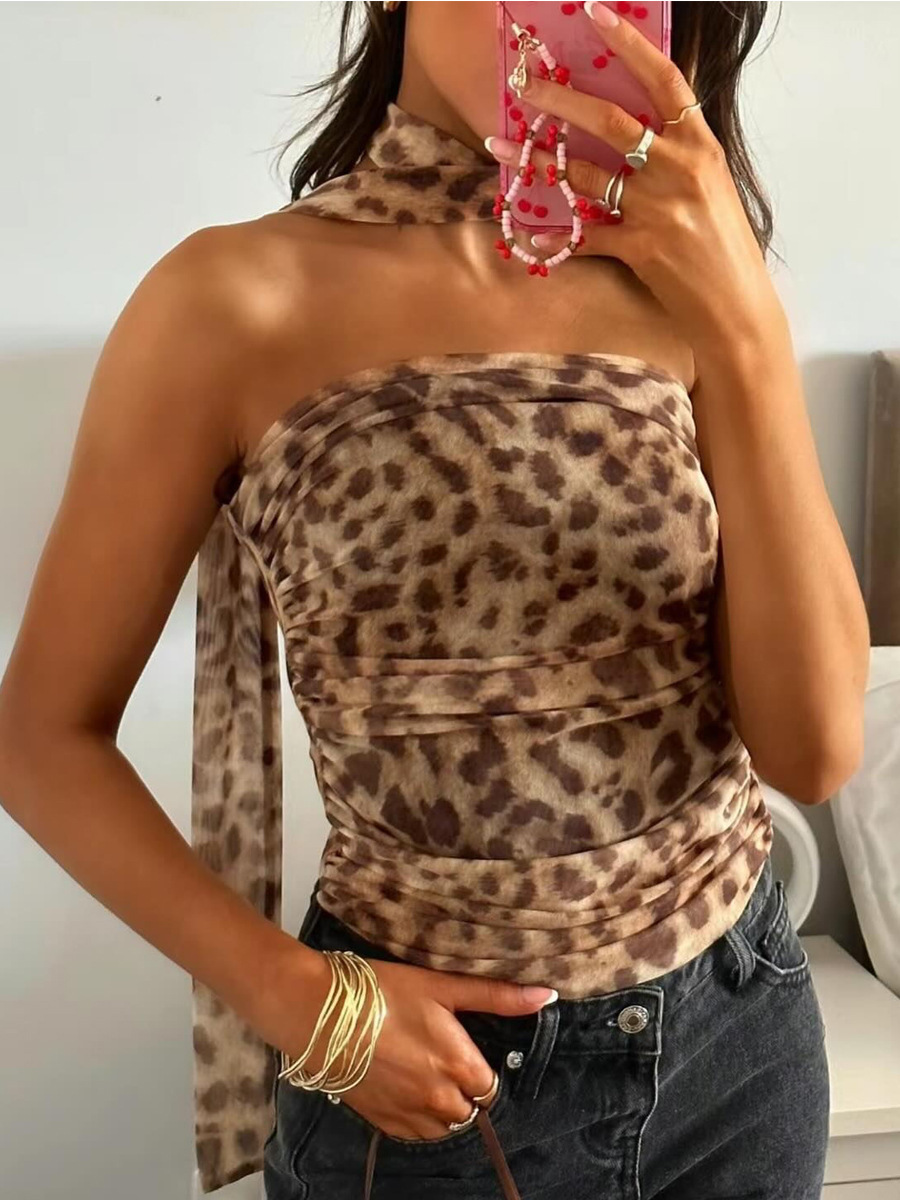 European and American style 2024 summer new leopard print hot girl pure desire wind collar tube top slim slim small vest