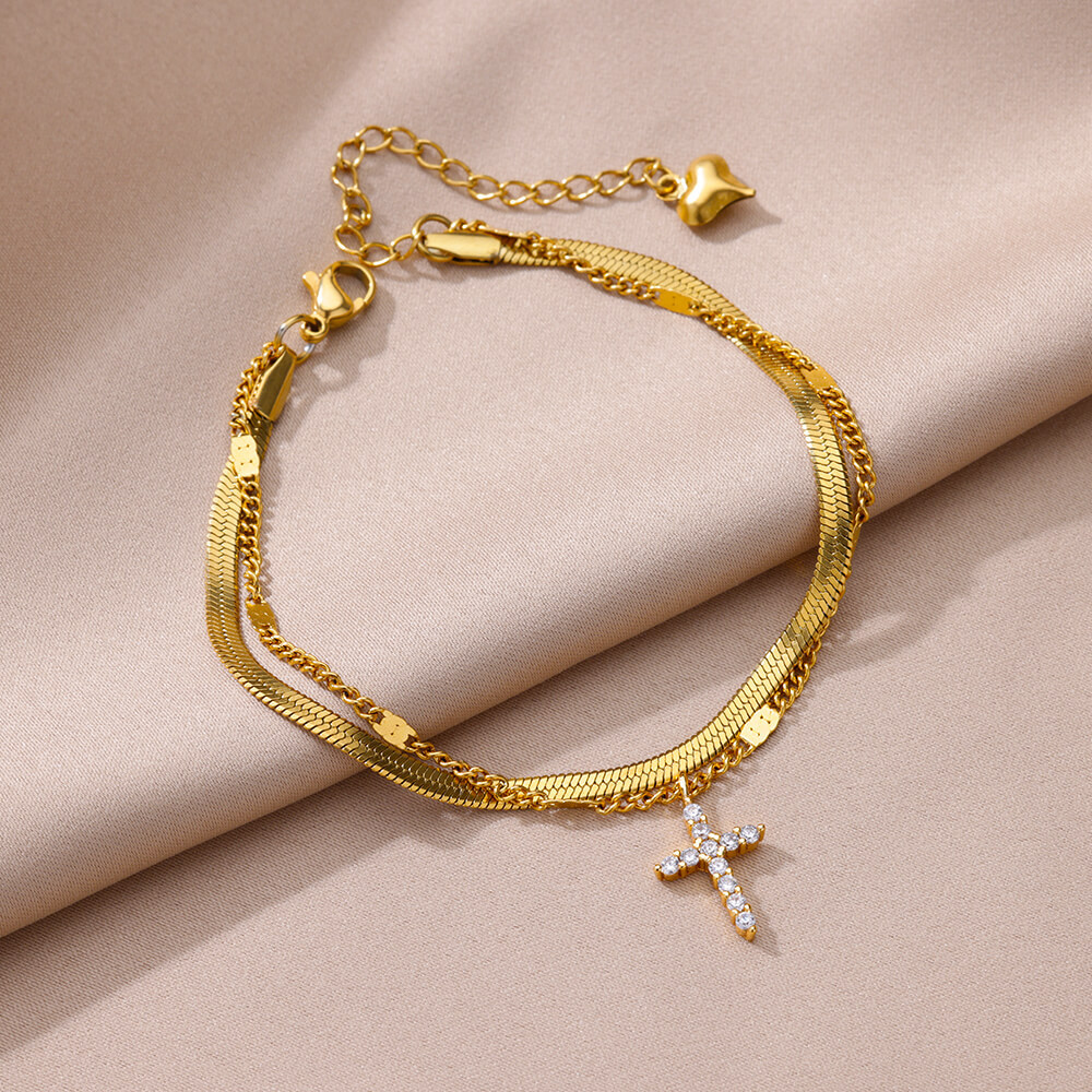 Simple Double-layer Stainless Steel Foot Chain Women's High-end Feeling Foot Ring Cross Pendant Niche Design Foot Chain for Hair