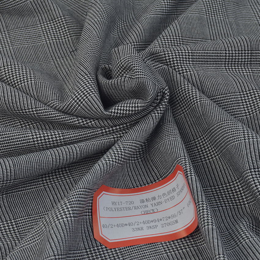 Picture of Polyester viscose stretch plaid fabric 40/2 + 40D polyester viscose yarn-dyed fabric D 64% P33%r3% women's plaid fabric