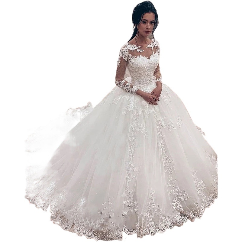 Shoulder long sleeve foreign trade white tutu skirt wedding dress support a generation of hair waist slim lace applique tail wedding dress