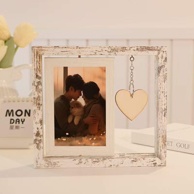 Cross-Border Creative Double-Sided Rotating Photo Frame 6inch DIY Wooden Picture Frame Table Personalized Couple New Year Photo Frame High-End