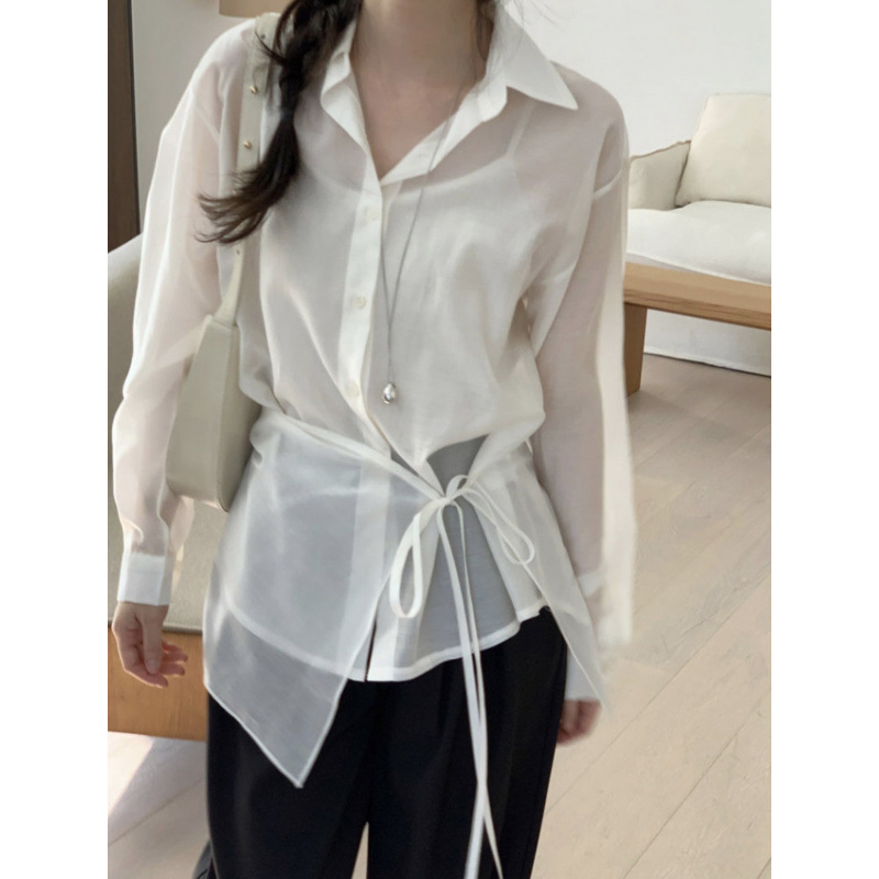 Picture of South Korea chic pre-autumn new French design sense irregular button-down lapel long sleeve shirt drapery two-piece women's set