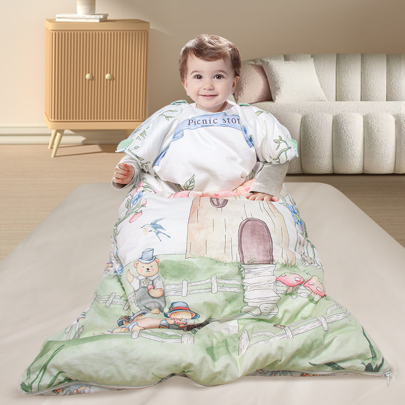 2025 New Baby Sleeping Bag Autumn and Winter Thickened Pure Cotton Baby Sleeping Bag Air-conditioning Room Kick-proof Sleeping Bag for Children