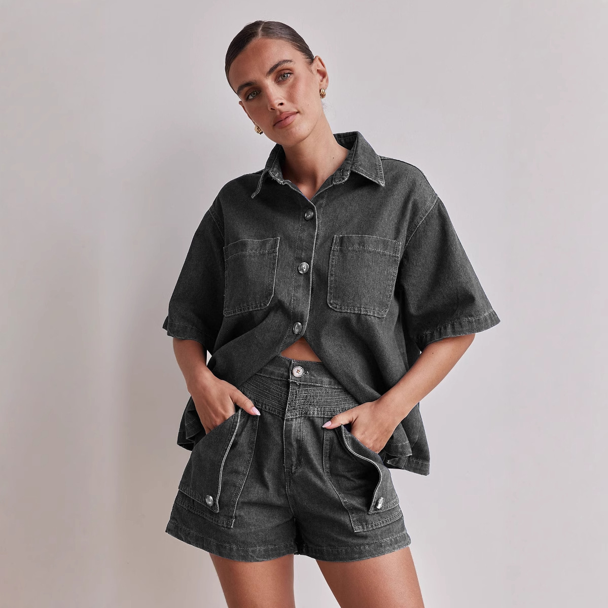 Picture of Amazon Foreign Trade Cross-border 2025 Summer European and American Women's Casual Retro Loose Shirt Denim Shorts suit