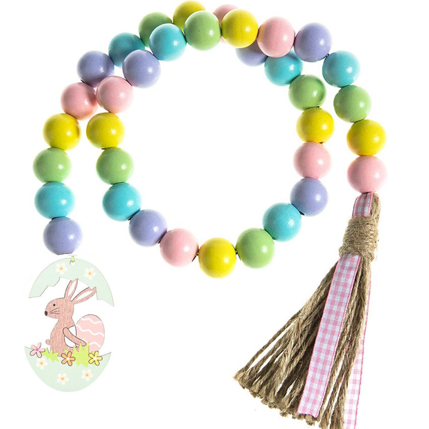 Picture of Easter Bunny Fringed Wooden Beads Garland Decoration, Amazon Farmhouse Country Village Beads Holiday Decoration