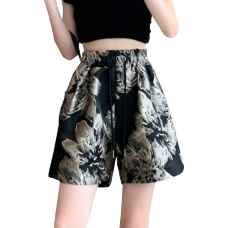 Fashionable Thin Wide-Leg Shorts for Women in Summer High-Waisted Retro Printed Casual Pants Versatile Straight Pants Hot Pants Trendy and Fashionable