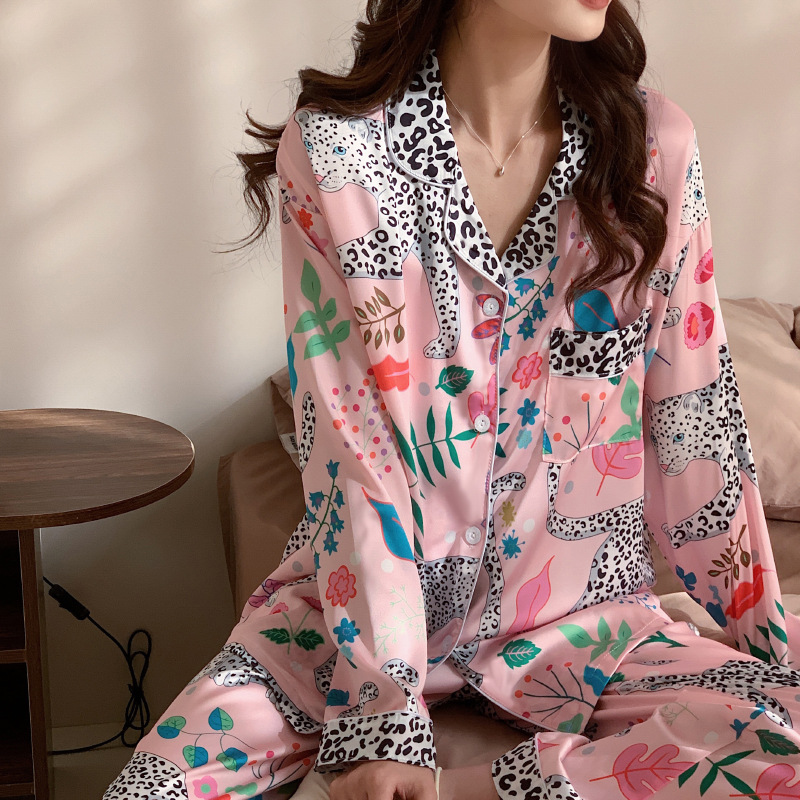 Cross-border new ladies home clothing spring ice silk long sleeve trousers light luxury fashion leopard comfortable two-piece wholesale