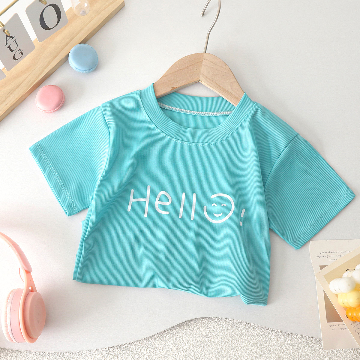 Picture of Cool Summer Candy Color Kidsren's Summer Short-Sleeved T-Shirt Round Neck Ice Silk Shaking t Baby Boy Girl Top Pure Color