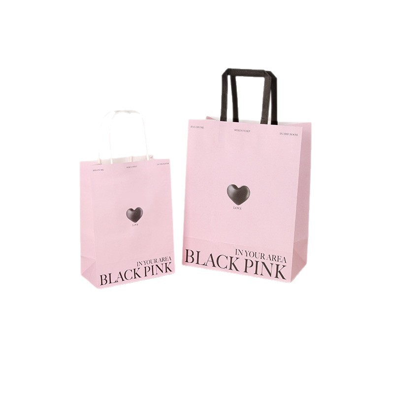 Picture of Brown Packing Paper Bag Birthday Gift Gift Bag Design Black Pink Heart Handbag Baked Coffee Milk Tea Takeaway Bag