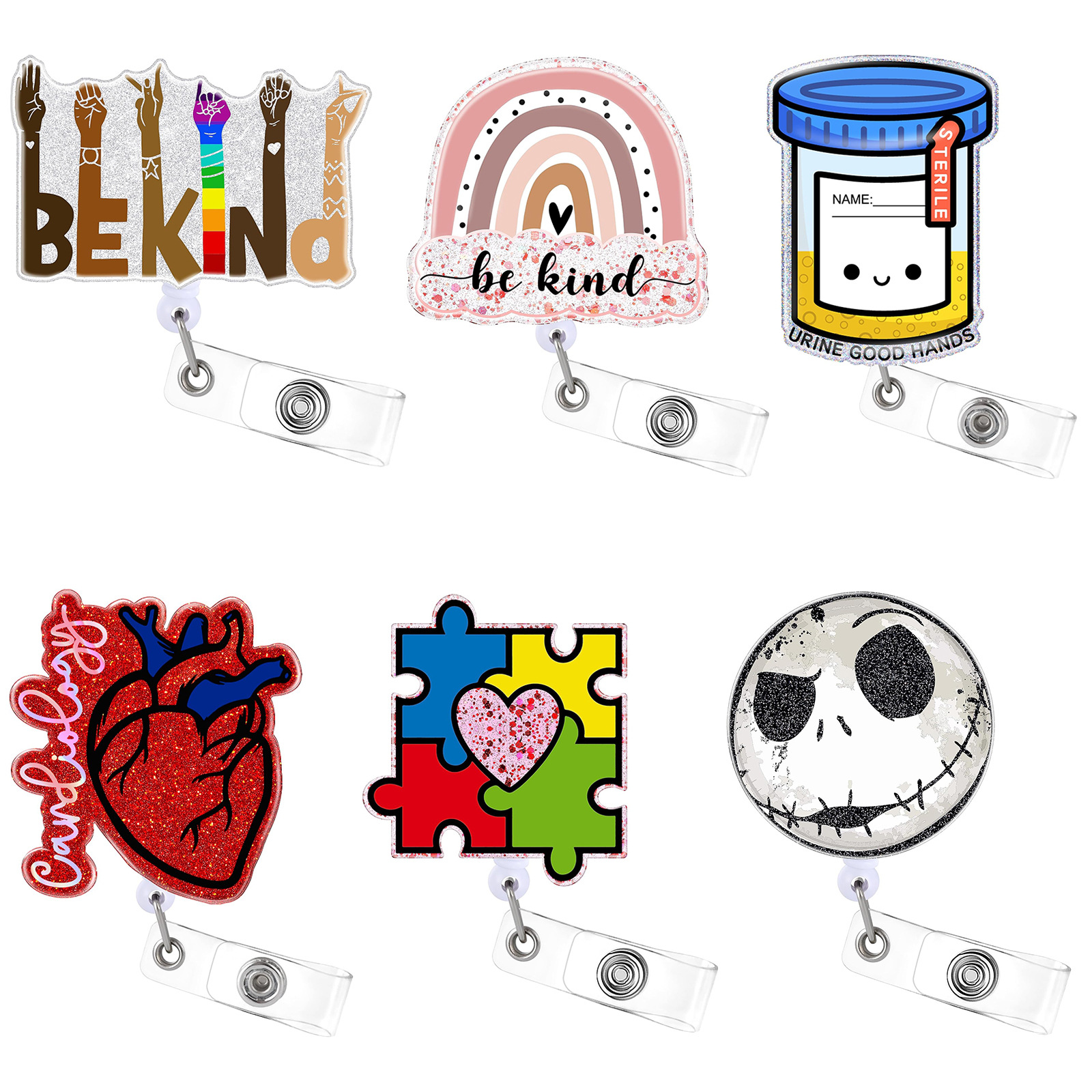 Fine flash easy pull buckle rainbow puzzle autism cartoon heart badge badge buckle rotatable retractable easy pull