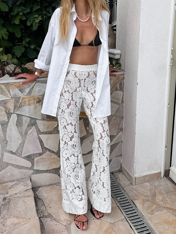 Cotton lace white jacquard perspective high waist casual flared pants 2024 European and American Spring New Fashion cross-border trousers
