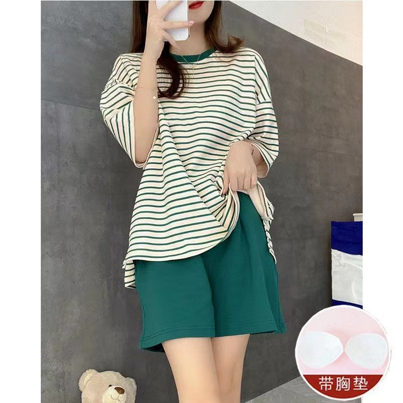 Factory Outlet Pajamas Women's Summer Short Sleeve Chest Pad Striped Crewneck Shorts Outfit suit Cross-border Home Clothes