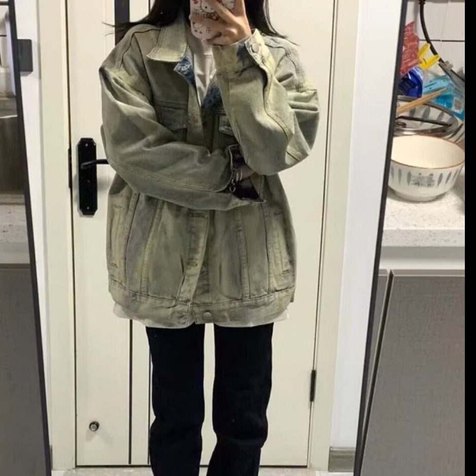 Cross-border plus size yellow mud dyed Denim coat women's 2023 new street American retro distressed loose jacket top