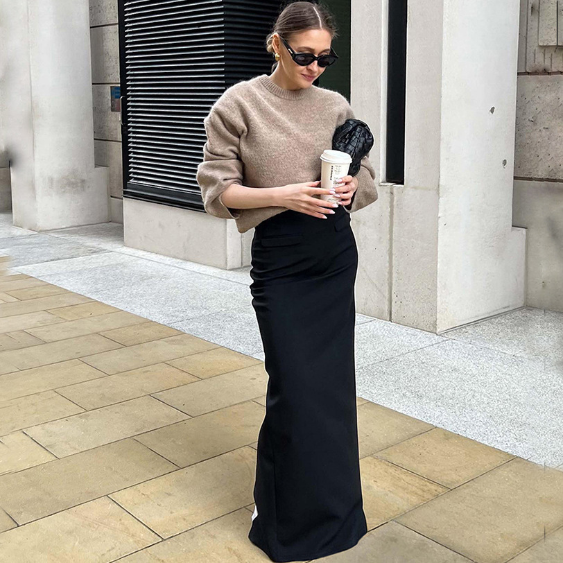 Picture of Black Sexy Slim Slit High Waist Fishtail Floor Mopping Skirt 2023 European and American New Autum Fashion Export Women