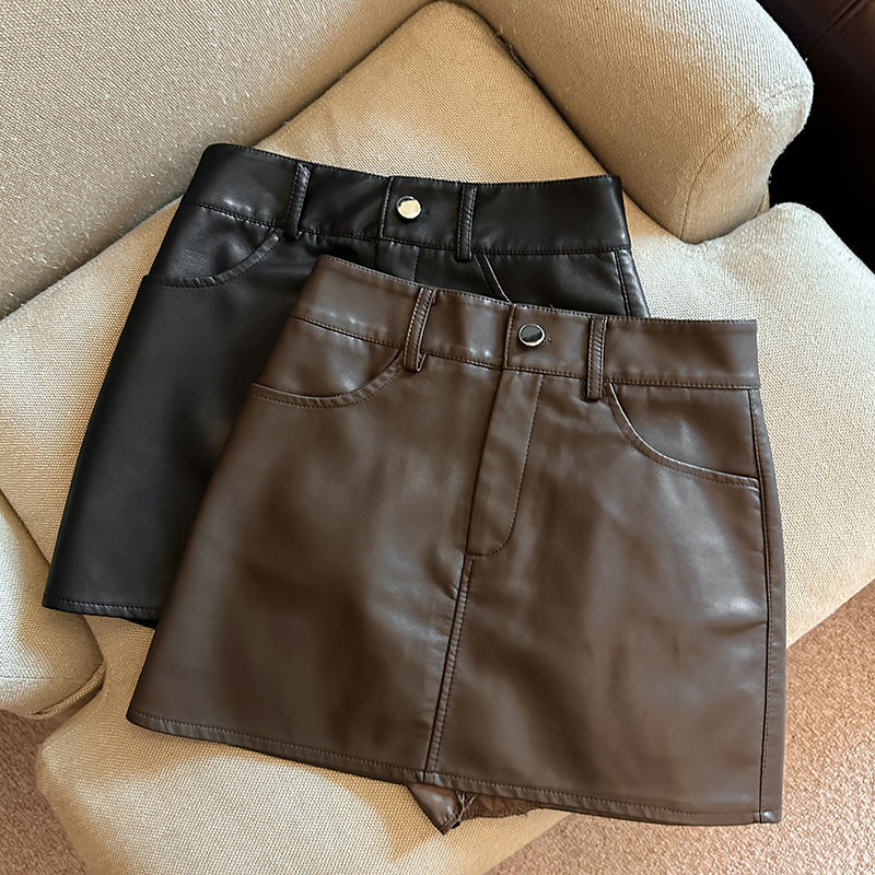 Spice Girls Puleather A- line Skirt Women's 2025 New chubby girl plus size High Waist Slimming Hip Skirt brown Skirt