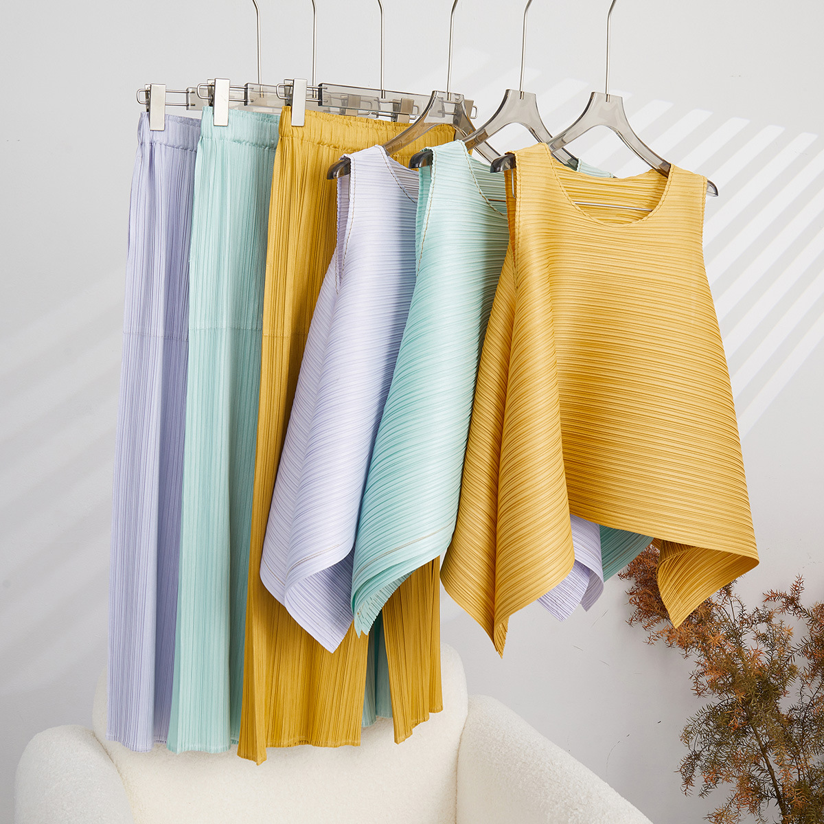 Pleated Asymmetrical Sleeveless T-Shirt Top Drapedy Straight Pants Summer Wear 2023 New Miyake Women's Elegant Suit