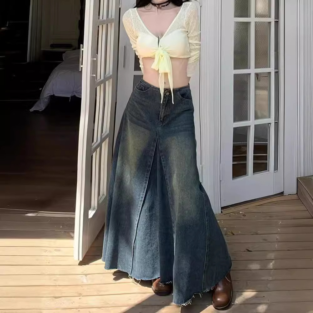 Vintage Washed Denim Skirt Women's 2024 New Summer High Waist Slimming A- line Large Skirt All-match Long Skirt