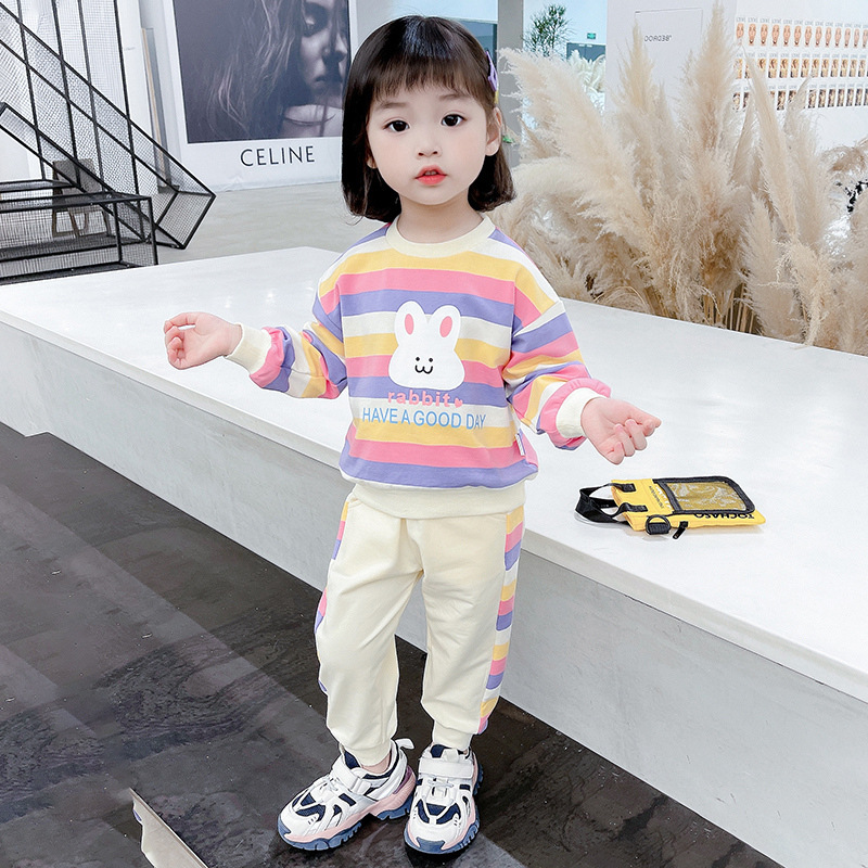 Girls' Striped Internet Popular Loose Casual Spring and Autumn Suit for Baby Girls Korean-style Autumn Fashionable Sweater Two-piece Fashionable Suit