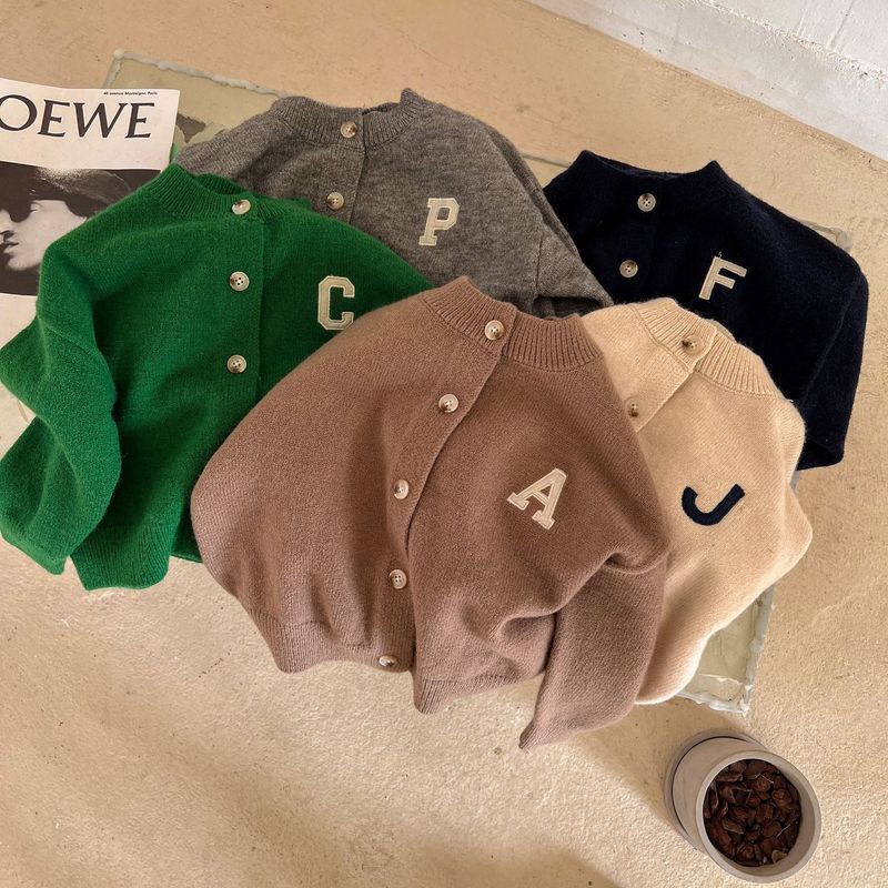 Picture of [in stock] children's sweater cardigan spring and autumn new boys and girls solid color letters cardigan baby sweater