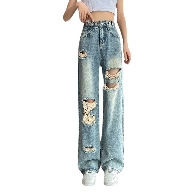 Adjustable Multi-button Wide-leg Jeans Women's Beggar Design Ripped High Waist Casual Dipped Straight Pants