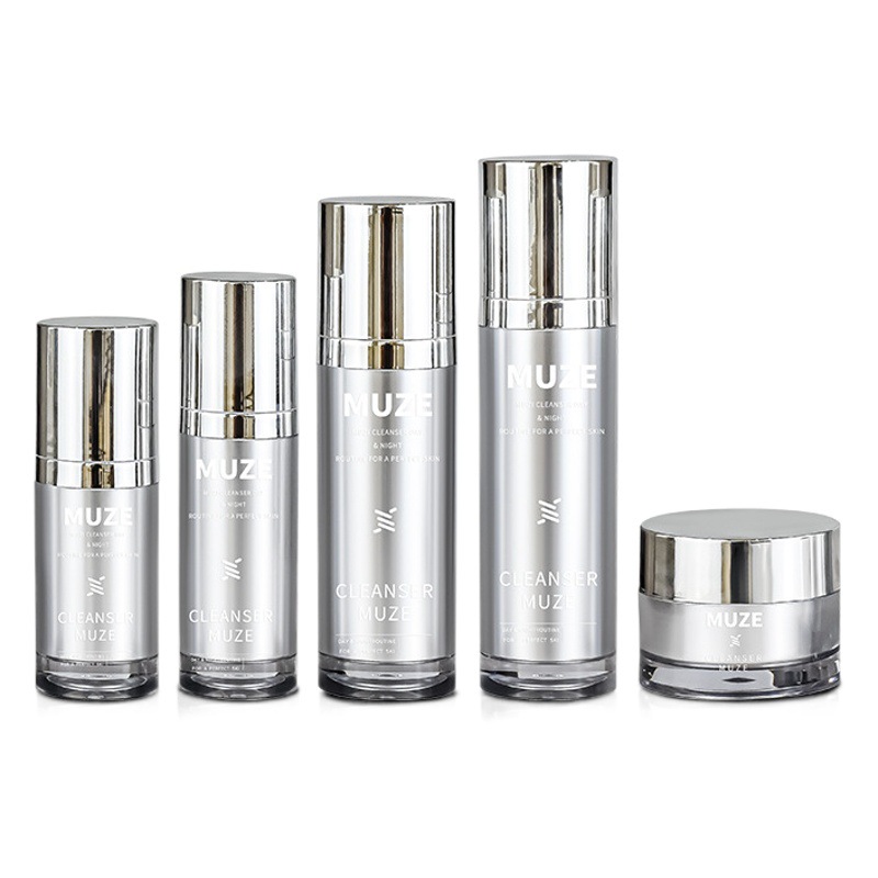 Muze Source Factory Skin Care Product Packaging Material 120ml Silver Straight Round Petg Lotion Spray Bottle 30g Cream Bottle