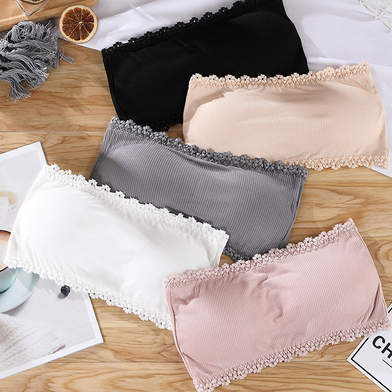 New Style Cotton Bandeau-Style Women's Detachable Breast Pad Silicone Non-Slip Lace Wrap-Around Bra for Girls